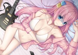 Rule 34 | 1girl, bed, bikini, blue eyes, bocchi the rock!, breasts, cellphone, collarbone, commentary request, cube hair ornament, electric guitar, feet out of frame, gibson les paul, gotoh hitori, guitar, hair ornament, instrument, jacket, large breasts, long hair, lying, miyai sen, navel, one side up, phone, pink hair, pink jacket, smartphone, solo, swimsuit, white bikini