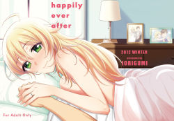 Rule 34 | 1boy, 1girl, ;d, afterglow, ahoge, bed, bed sheet, blonde hair, breasts, bride, couple, drawer, dress, english text, good end, green eyes, groom, hetero, holding hands, hoshii miki, hug, hug from behind, idolmaster, idolmaster (classic), jewelry, lamp, light smile, looking at viewer, naked sheet, nude, on bed, one eye closed, open mouth, photo (object), picture frame, pillow, pov, pov across bed, producer (idolmaster), ring, sideboob, smile, solo focus, tokita arumi, under covers, wedding band, wedding dress, wink