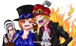 Rule 34 | 1girl, 2boys, anger vein, angry, blonde hair, cheek pinching, koala (one piece), multiple boys, one piece, open mouth, orange hair, personality switch, pinching, sabo (one piece), simple background, smile, stt0tr, trafalgar law, upper body, white background