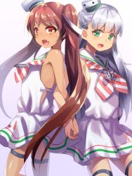 Rule 34 | 2girls, aburai yui, anchor hair ornament, anchor necklace, back-to-back, blunt bangs, brown eyes, brown hair, cowboy shot, dark-skinned female, dark skin, dress, fang, green eyes, hair ornament, hair ribbon, highres, jewelry, kantai collection, libeccio (kancolle), long hair, looking at viewer, maestrale (kancolle), multiple girls, necklace, one side up, open mouth, ribbon, sailor collar, sailor dress, silver hair, sleeveless, sleeveless dress, smile, twintails, white dress, white ribbon