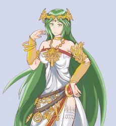 Rule 34 | 1girl, armor, azylsagara, bangle, bare shoulders, belt, bracelet, breasts, choker, dress, forehead jewel, green eyes, green hair, highres, jewelry, kid icarus, kid icarus uprising, long hair, lots of jewelry, matching hair/eyes, neck ring, necklace, nintendo, palutena, side slit, smile, solo, strapless, strapless dress, thighhighs, tiara, vambraces, very long hair