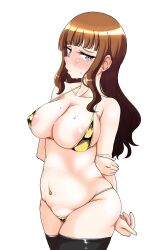 Rule 34 | 1girl, arms behind back, bikini, blush, breasts, brown eyes, brown hair, cleavage, covered erect nipples, girls und panzer, kami ryuoo, large breasts, looking at viewer, navel, solo, sweat, swimsuit, takebe saori