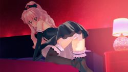 Rule 34 | 1girl, 3d, all fours, artist request, bed, black dress, blush, dress, elbow gloves, from behind, gloves, highres, long hair, looking back, louise francoise le blanc de la valliere, panties, pantyshot, pink hair, ponytail, solo, thighhighs, underwear, white panties, zero no tsukaima