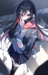 Rule 34 | 1girl, black hair, black mask, black thighhighs, blue jacket, blue necktie, blue skirt, blue vest, brown eyes, cellphone, day, feet out of frame, from above, highres, holding, holding phone, jacket, light particles, long hair, long sleeves, looking at viewer, miwano rag, necktie, ninja, open clothes, open jacket, original, outdoors, phone, pleated skirt, red scarf, scarf, school uniform, shadow, shirt, skirt, smartphone, standing, sunlight, thighhighs, vest, white shirt
