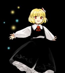 Rule 34 | 1girl, ascot, black background, black skirt, blonde hair, blouse, bow, bowtie, ascot, darkness, dress shirt, floating, flying, hair bow, hair ribbon, kaigen 1025, long sleeves, necktie, outstretched arms, red bow, red eyes, red neckwear, red ribbon, ribbon, rumia, shirt, short hair, skirt, spread arms, touhou, vest, white shirt, white shirt, wing collar