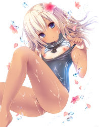 Rule 34 | 10s, 1girl, ass, blonde hair, blue eyes, blush, breasts, bubble, clothes pull, flat chest, flower, hair flower, hair ornament, kantai collection, konomi (kino konomi), looking at viewer, nipples, one-piece swimsuit, one-piece swimsuit pull, petals, ro-500 (kancolle), school swimsuit, small breasts, solo, swimsuit, tan, tanline, underwater