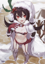 Rule 34 | 1girl, absurdres, anouetto, bad id, bad pixiv id, bikini, black bikini, black hair, blush, bonnet, boots, breasts, cape, christmas, elbow gloves, fangs, fur-trimmed cape, fur-trimmed gloves, fur trim, garter belt, garter straps, gloves, hair between eyes, hand on own hip, hat, highres, illya (christmas) (princess connect!), illya (princess connect!), illya (small) (princess connect!), knee boots, long hair, looking at viewer, mistletoe, navel, open mouth, princess connect!, red bikini, red eyes, red gloves, santa costume, santa hat, small breasts, smile, solo, swimsuit, thighs, two-tone bikini, white cape, white footwear, white hat
