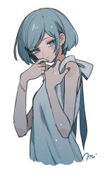 Rule 34 | 1girl, absurdres, blue eyes, blue hair, blush stickers, bracelet, dress, expressionless, half-closed eyes, highres, jewelry, looking to the side, maco22, nail polish, original, short hair, sleeveless, sleeveless dress, solo