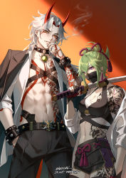 Rule 34 | 1boy, 1girl, abs, arataki itto, bandages, belt, black collar, black mask, black nails, black pants, bodypaint, bracelet, breasts, chest sarashi, chest tattoo, choker, collar, earrings, formal, genshin impact, green hair, hair ornament, highres, horns, jewelry, kuki shinobu, long hair, looking to the side, mask, mouth mask, nail polish, ngkhyn, ninja mask, oni horns, pale skin, pants, parted lips, piercing, purple eyes, red background, red eyes, red horns, red nails, sarashi, smoke, spiked bracelet, spiked collar, spikes, suit, sword, tattoo, toned, weapon, white hair