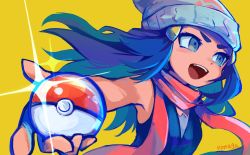 Rule 34 | 1girl, :d, bare arms, beanie, black shirt, blue hair, commentary request, creatures (company), dawn (pokemon), eyelashes, floating hair, game freak, glint, grey eyes, hair ornament, hairclip, hat, holding, holding poke ball, long hair, nintendo, open mouth, poke ball, poke ball (basic), pokemon, pokemon dppt, scarf, shirt, signature, simple background, sleeveless, sleeveless shirt, smile, solo, teeth, tongue, upper body, upper teeth only, white hat, yellow background, yonaga story