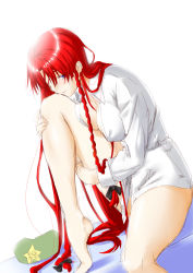 Rule 34 | 1girl, blue eyes, blush, bottomless, braid, breasts, cleavage, dress shirt, female focus, hat, unworn hat, unworn headwear, highres, hong meiling, large breasts, legs, long hair, looking at viewer, naked shirt, niwatazumi, open clothes, open shirt, red hair, seductive smile, shirt, smile, solo, touhou, twin braids, very long hair