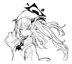 Rule 34 | 1girl, apron, ascot, blue archive, bobonasudan, closed mouth, demon horns, fuuka (blue archive), greyscale, hair between eyes, halo, head scarf, horns, long hair, long sleeves, looking at viewer, monochrome, parted lips, simple background, sketch, solo, twintails, upper body, white background