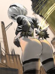 Rule 34 | 1girl, ass, black blindfold, black gloves, black hairband, blindfold, construction site, crane (machine), feather-trimmed sleeves, from behind, from below, gloves, hairband, highleg, highleg leotard, highres, juliet sleeves, leotard, long sleeves, looking back, nier (series), nier:automata, outdoors, puffy sleeves, rodrigo yoshimiya, short hair, solo, thighhighs, white hair, 2b (nier:automata)