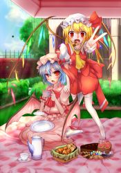 Rule 34 | 2girls, blonde hair, blue hair, blush, bowed wings, bread, cake, cameo, checkerboard cookie, cookie, day, eating, embodiment of scarlet devil, female focus, flandre scarlet, food, hat, highres, kneeling, mugen soukyuu, multiple girls, outdoors, pastry, red eyes, remilia scarlet, rumia, side ponytail, sweets, tea, teapot, thighhighs, touhou, v, white thighhighs, wings