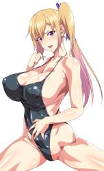 Rule 34 | 10s, 1girl, absurdres, black one-piece swimsuit, blonde hair, blush, breasts, cleavage, covered erect nipples, hair between eyes, hair ribbon, highres, kawakami mai, large breasts, long hair, looking at viewer, mole, mole on thigh, mole under eye, musaigen no phantom world, one-piece swimsuit, open mouth, partially visible vulva, puffy nipples, purple eyes, ribbon, side ponytail, sideboob, simple background, solo, swimsuit, thighs, wankoro mochi, white background