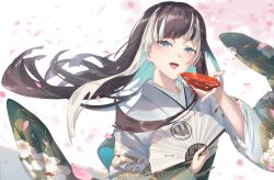 Rule 34 | 1girl, black hair, blue eyes, blunt bangs, choko (cup), cup, floral print kimono, grey hair, hand fan, harukayu yu, highres, holding, holding cup, holding fan, hololive, hololive dev is, japanese clothes, juufuutei raden, kimono, long hair, looking at viewer, multicolored hair, open mouth, paper fan, sidelocks, smile, solo, streaked hair, virtual youtuber, white kimono