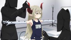 Rule 34 | 1girl, 2others, camera, collarbone, commentary request, curled horns, demon girl, demon horns, elbow gloves, emma august, flat chest, gloves, grey eyes, grey hair, hair between eyes, highres, horns, indoors, kuroko (kabuki), long hair, motion tracker, multiple others, name tag, nijisanji, old school swimsuit, one-piece swimsuit, outstretched arms, pointy ears, prehensile tail, red horns, satsuyo, school swimsuit, spread arms, sweatdrop, swimsuit, t-pose, tail, virtual youtuber, white gloves