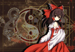 Rule 34 | 1girl, bow, detached sleeves, dragon, female focus, hair bow, hakurei reimu, japanese clothes, lili2th, miko, red eyes, solo, touhou, yin yang