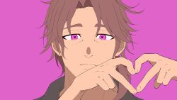 Rule 34 | 1boy, belmond banderas, black shirt, brown hair, choco (chocovix112), closed mouth, collared shirt, eyebrows hidden by hair, facial hair, heart, heart-shaped pupils, heart hands, highres, looking at viewer, male focus, nijisanji, parted bangs, portrait, purple background, purple eyes, shirt, simple background, solo, stubble, symbol-shaped pupils, thick eyebrows, virtual youtuber