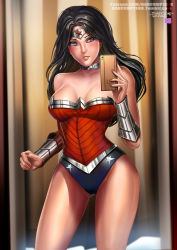Rule 34 | 1girl, badcompzero, bare shoulders, black hair, breasts, breasts apart, cleavage, collar, cowboy shot, dc comics, fingernails, jewelry, large breasts, legs apart, leotard, long fingernails, long hair, neck ring, reflection, selfie, solo, standing, thighs, watermark, web address, wonder woman, wonder woman (series)