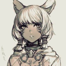 Rule 34 | 1girl, animal ears, cat ears, cloak, facial mark, final fantasy, final fantasy xiv, grey background, greyscale, hair tubes, hood, hood down, hungry clicker, looking at viewer, miqo&#039;te, monochrome, parted lips, short hair, solo, square enix, upper body, whisker markings