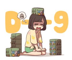 Rule 34 | 1girl, animal, animal on head, black hair, charjabug, closed eyes, countdown, creatures (company), floral print, game freak, gen 7 pokemon, nintendo, on head, open mouth, pokemon, pokemon (creature), pokemon on head, pokemon sm, seiza, selene (pokemon), shirt, short hair, shorts, simple background, sitting, ssalbulre, swept bangs, t-shirt, tears, tied shirt, white background, wide sleeves