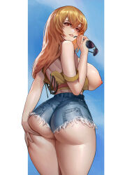 Rule 34 | 1girl, artist name, ass, ass focus, aviator sunglasses, bare shoulders, breasts, brown eyes, camisole, camisole pull, clothes pull, crop top, curvy, cutoffs, denim, denim shorts, unworn eyewear, hair between eyes, hand on own ass, high-waist shorts, highres, holding, holding removed eyewear, joy (shenmue), large breasts, long hair, looking at viewer, looking back, nipples, off shoulder, orange hair, parted lips, sayanestia, shenmue, shenmue ii, shenmue the animation, shorts, sideboob, sidelocks, solo, strap slip, string, sunglasses, thick thighs, thighs, two-tone background, yellow camisole