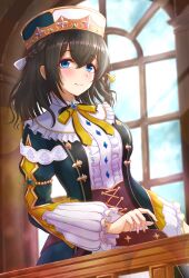 Rule 34 | 1girl, absurdres, armlet, black hair, blue eyes, blush, breasts, commentary request, hat, highres, idolmaster, idolmaster cinderella girls, idolmaster cinderella girls starlight stage, jewelry, karlp346pro, long hair, looking at viewer, medium breasts, ribbon, sagisawa fumika, solo