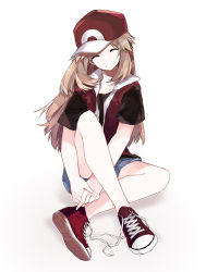 Rule 34 | 1girl, bad id, bad pixiv id, baseball cap, brown hair, closed eyes, commentary, cosplay, creatures (company), crossed legs, english commentary, eyelashes, fingernails, full body, game freak, hat, jacket, leaf (pokemon), lillin, long hair, nintendo, own hands together, pokemon, pokemon frlg, red (pokemon), red (pokemon) (cosplay), shoes, short sleeves, shorts, simple background, smile, solo, white background