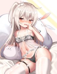 Rule 34 | 1girl, :d, babydoll, bad id, bad pixiv id, black bra, black panties, blush, bow, bow panties, bra, breasts, collarbone, commentary request, fang, finger to mouth, garter belt, hair between eyes, hair ornament, halterneck, highres, long hair, looking at viewer, mannack, navel, one side up, open mouth, original, panties, panties over garter belt, rabbit hair ornament, red bow, red eyes, sitting, skin fang, small breasts, smile, solo, stomach, strap slip, stuffed animal, stuffed rabbit, stuffed toy, thigh strap, thighhighs, underwear, very long hair, white hair, white thighhighs