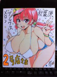 Rule 34 | 1girl, :d, bikini, bikini top only, breasts, covered erect nipples, hanging breasts, huge breasts, melonbooks, meme50, open mouth, pink hair, ponytail, puffy nipples, red eyes, shikishi, short hair, short shorts, shorts, smile, solo, strap gap, swimsuit, traditional media, v, visor cap