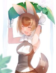 Rule 34 | 1girl, animal ears, bare shoulders, blouse, bow, bowtie, closed eyes, commentary request, cowboy shot, dhole (kemono friends), dog ears, dog tail, extra ears, fang, gloves, highres, kemono friends, kemono friends 3, leaf, leaf umbrella, light brown hair, light brown shirt, meth (emethmeth), multicolored hair, open mouth, pleated skirt, shirt, short hair, skirt, sleeveless, smile, solo, tail, two-tone hair, two-tone shirt, water drop, white bow, white bowtie, white gloves, white hair, white shirt