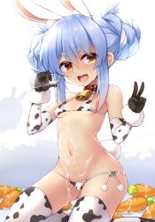 Rule 34 | 1girl, alternate costume, alternate hairstyle, animal ear fluff, animal ears, animal print, bell, bikini, breasts, collar, collarbone, covered erect nipples, cow print, cow print bikini, detached sleeves, double bun, gloves, hair bun, heart, heart-shaped pupils, highres, hololive, looking at viewer, milk, navel, neck bell, open mouth, orange eyes, print bikini, rabbit ears, rabbit girl, rabbit tail, sasamashin, sexually suggestive, sitting, small breasts, solo, swimsuit, symbol-shaped pupils, thighhighs, usada pekora, v, virtual youtuber