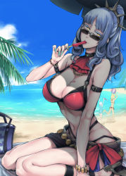 Rule 34 | beach, bikini, blue hair, breasts, carmilla (fate), cleavage, colored sclera, curly hair, fate/grand order, fate (series), food, grey sclera, highres, large breasts, nakamura regura, popsicle, sunglasses, swimsuit, yellow eyes