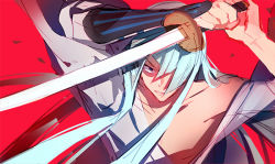 Rule 34 | 10s, 1boy, armor, blue hair, istkeinmal, japanese armor, japanese clothes, kote, kousetsu samonji, long hair, male focus, red background, simple background, solo, touken ranbu