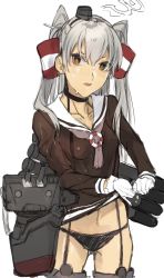 Rule 34 | 1girl, amatsukaze (kancolle), blush, brown dress, brown eyes, dress, fukazaki, garter straps, gloves, hair tubes, highres, kantai collection, long hair, looking at viewer, machinery, rigging, sailor dress, shirt, silver hair, simple background, solo, thighhighs, two side up, wet, wet clothes, wet shirt