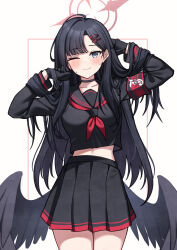 Rule 34 | 1girl, absurdres, armband, black choker, black gloves, black hair, black sailor collar, black serafuku, black skirt, black wings, blue archive, blush, choker, closed mouth, cowboy shot, feathered wings, gloves, grey eyes, hair ornament, hairclip, halo, highres, holding, holding own hair, ichika (blue archive), long hair, long sleeves, low wings, nassss, neckerchief, one eye closed, pleated skirt, red halo, red neckerchief, sailor collar, school uniform, serafuku, skirt, solo, wings