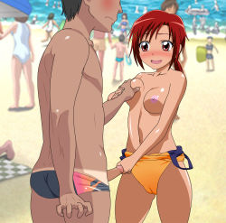Rule 34 | 10s, 1boy, 1girl, :d, artist request, beach, blurry, blurry background, blush, breasts, brown eyes, brown hair, cameltoe, casual one-piece swimsuit, clothes down, clothes pull, depth of field, grabbing, grabbing another&#039;s breast, grabbing another's breast, guided breast grab, guiding hand, hair ornament, handjob, hetero, highres, hino akane (smile precure!), medium breasts, navel, nipples, ocean, one-piece swimsuit, one-piece swimsuit pull, open mouth, orange one-piece swimsuit, penis, penis grab, ponytail, precure, public indecency, red hair, short hair, smile, smile precure!, swimsuit, tan, tanline, topless, x hair ornament