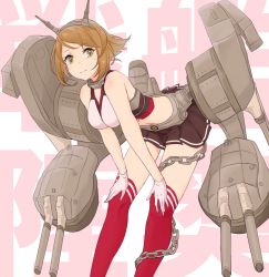 Rule 34 | 10s, 1girl, bad id, bad pixiv id, bent over, gloves, headgear, kantai collection, kise (swimmt), looking at viewer, machinery, mutsu (kancolle), navel, pleated skirt, short hair, skirt, smile, solo, translation request, turret, white gloves