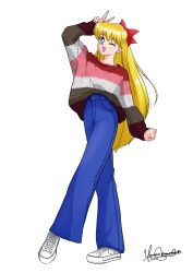Rule 34 | 1girl, aino minako, bishoujo senshi sailor moon, blonde hair, blue eyes, bow, dj jdite, earrings, happy, highres, jewelry, long hair, long sleeves, looking at viewer, one eye closed, open mouth, pants, red bow, shoes, smile, sweater, wink