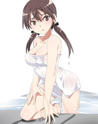 Rule 34 | 1girl, blush, breasts, brown eyes, brown hair, cleavage, collarbone, gertrud barkhorn, hair ribbon, large breasts, long hair, looking at viewer, naked towel, nanashino, onsen, open mouth, ribbon, shiny skin, solo, strike witches, towel, twintails, world witches series