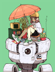 Rule 34 | 1girl, antennae, baseball cap, beach umbrella, black shorts, blush, blush stickers, bottle, brown hair, can, commentary, crisalys, drink can, flower pot, green background, handheld game console, hat, highres, holding, knees up, long hair, long sleeves, looking at viewer, magazine (object), original, plant, robot, shirt, shoes, short eyebrows, shorts, simple background, sitting, sneakers, soda can, solo, tagme, television, umbrella, vehicle, water bottle, yellow hat