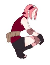 Rule 34 | 1girl, arm warmers, bare shoulders, black footwear, black gloves, boots, commentary, completion time, fanny pack, from side, full body, gloves, haruno sakura, headband, headdress, leg warmers, looking down, naruto (series), naruto shippuuden, toeless footwear, pink hair, profile, red shirt, shirt, shivi martin, shoes, short hair, shorts, sleeveless, sleeveless shirt, solo, squatting, transparent background