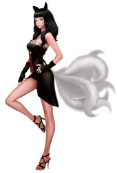 Rule 34 | 1girl, ahri (league of legends), animal ears, bare shoulders, black hair, breasts, brown eyes, cleavage, facial mark, fingerless gloves, fox ears, fox tail, gloves, high heels, highres, league of legends, leg up, lipstick, long hair, makeup, multiple tails, open shoes, preter, sandals, shoes, solo, tail, whisker markings