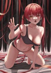 Rule 34 | 1girl, absurdres, anno masato, arched back, arm support, bare shoulders, barefoot, black panties, black ribbon, breasts, collarbone, foreshortening, hair ribbon, heterochromia, highres, hololive, houshou marine, kneeling, large breasts, long hair, looking at viewer, navel, open mouth, panties, red eyes, red ribbon, ribbon, solo, sports bra, strap slip, string, string of fate, sweat, thighs, twintails, underwear, very long hair, virtual youtuber, yellow eyes