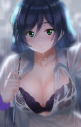 Rule 34 | 1girl, artist request, blush, bra, breasts, cleavage, collarbone, collared shirt, cowboy shot, dress shirt, female focus, green eyes, hair between eyes, hair ornament, hair scrunchie, highres, large breasts, long hair, long sleeves, looking at viewer, love live!, love live! school idol project, naked shirt, partially unbuttoned, pink scrunchie, purple bra, purple hair, rain, scrunchie, see-through, shirt, smile, solo, tojo nozomi, twintails, underwear, white shirt, wrist scrunchie, zhanzheng zi