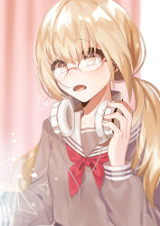 Rule 34 | 1girl, absurdres, azusawa kohane, blurry, blurry background, brown eyes, cable, commentary, curtains, glasses, grey serafuku, grey stripes, hair between eyes, hair over one eye, headphones, headphones around neck, heart, highres, light brown hair, long hair, long sleeves, looking ahead, low twintails, manase chiyu, miyamasuzaka girls&#039; academy school uniform, neckerchief, open mouth, project sekai, red neckerchief, rimless eyewear, round eyewear, school uniform, serafuku, signature, sleeve cuffs, solo, striped, triangle, twintails, upper body