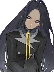 Rule 34 | 1girl, black hair, black jacket, black pants, blue eyes, buttons, closed mouth, commentary request, creatures (company), forehead, game freak, geeta (pokemon), grey shirt, highres, jacket, long hair, looking to the side, neck ribbon, ningenmi aru, nintendo, pants, pokemon, pokemon sv, ribbon, shirt, simple background, solo, white background, yellow pupils, yellow ribbon