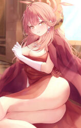 Rule 34 | 1girl, aru (blue archive), aru (dress) (blue archive), ass, bare legs, blue archive, blush, breasts, cleavage, coat, coat on shoulders, demon horns, dress, feet out of frame, gloves, halo, highres, horns, looking at viewer, medium breasts, pennosuke, pink hair, red coat, red dress, solo, white gloves