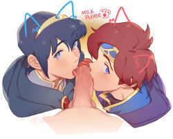 Rule 34 | 3boys, artist name, bishounen, blue cape, blue eyes, blue hair, cape, commentary, cooperative fellatio, cropped shoulders, english text, erection, eyelashes, fellatio, fire emblem, fire emblem: shadow dragon and the blade of light, fire emblem: the binding blade, gold trim, group sex, hair between eyes, headband, licking, licking penis, looking at viewer, male focus, marth (fire emblem), meep, mmm threesome, multiple boys, nintendo, oral, parted bangs, penis, pov, purple cape, red hair, roy (fire emblem), short hair, simple background, threesome, tongue, tongue out, uncensored, veins, veiny penis, watermark, web address, white background, yaoi